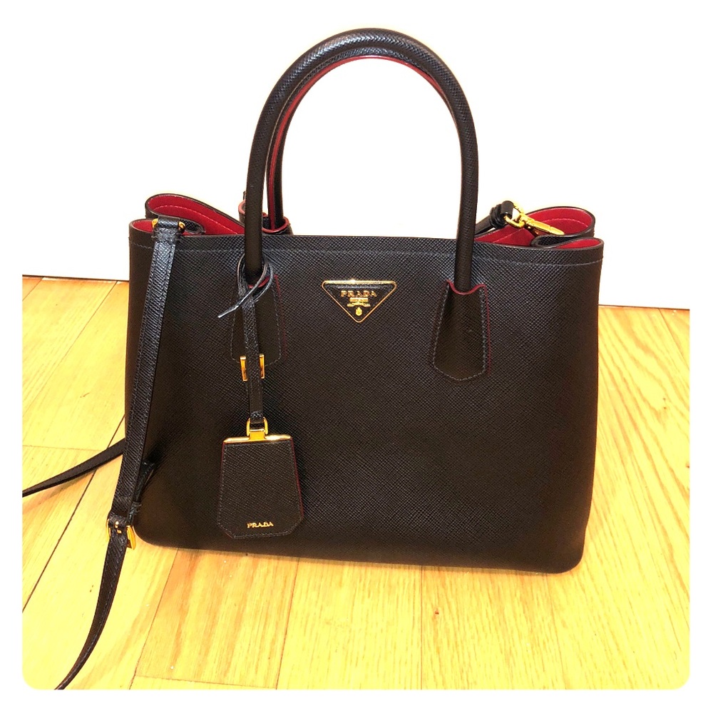 SOLD! PRADA Medium Double Tote Bag Black/Red